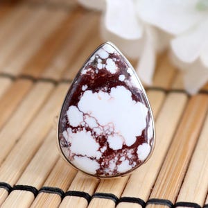Wild Horse Jasper Ring, Teardrop Wild Horse Ring, Pear Magnesite Jasper Ring, Handmade Sterling Silver Ring, Women Silver Gifts Ring Size #7