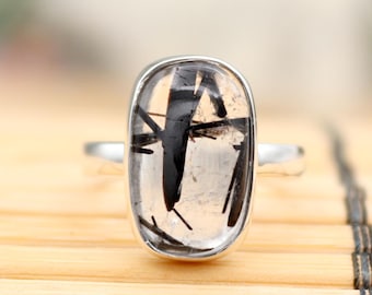 Turmalinerad kvartsring, 925 sterlingsilver, svart turmalinkvarts, turmalinkvarts, julklappar, kudderutilerad ring storlek 6