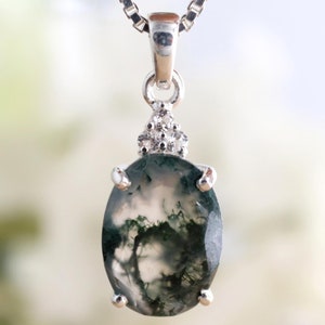 Natural Cut Moss Agate Pendant Necklace, Sterling Silver Pendant, Round White Topaz, Oval Agate Pendant, Women Silver Jewelry Christmas Gift