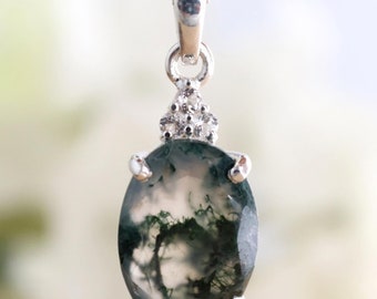 Natural Moss Agate Pendant, Sterling Silver, White Topaz Accent, Oval Agate, Women Silver Jewelry