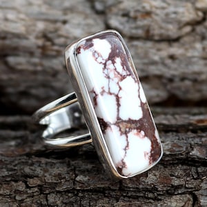 Wild Horse Jasper Ring, 925 Sterling Silver Ring, Rectangle Wild Horse Ring, Split Band Magnesite Jasper Ring Women Silver Gifts Ring Size 8