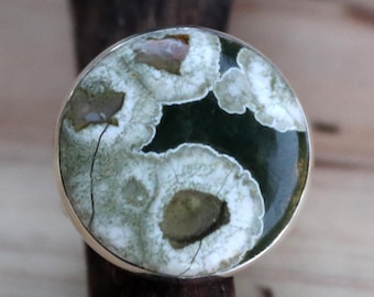 Rainforest Jasper Ring, Green Jasper Ring, Round Jasper Ring, Rhyolite Ring, Sterling Silver Ring, Cabochon Ring, Women Silver Ring Size #8