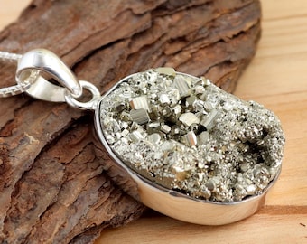 Raw Pyrite Pendant, 925 Sterling Silver, Oval Pyrite Pendant, Pyrite Pendant, Rough Pyrite Necklace, Iron Disulfide Mineral, Women Gifts