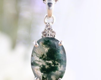 Moss Agate Pendant, Sterling Silver Oval Gemstone Jewelry with White Topaz Accent, Green Natural Gem