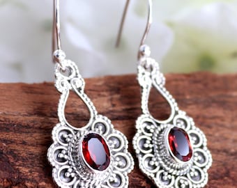 Boho Garnet Earrings, 925 Sterling Silver, Red Garnet, Handmade, Dangle Drop Earrings, Vintage Jewelry