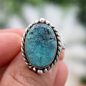Tibetan Turquoise Ring, 925 Sterling Silver, Oval Turquoise Ring, Tibetan Turquoise Jewelry, Christmas Gifts, Handmade Turquoise Ring Size 8