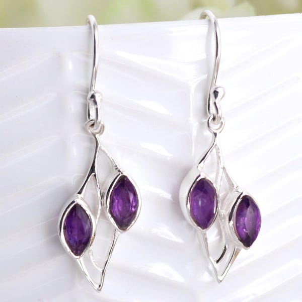 Amethyst Earring, Sterling Silver, Marquise Amethyst Earring, Amethyst Dangle & Drop Earrings, Designer Amethyst Earring, Women Silver Gifts