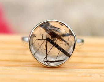 Tourmalinated Quartz Ring, 925 Sterling Silver, Black Tourmaline Quartz, Tourmalated Quartz, Christmas Gifts, Round Rutilated Ring Size 7