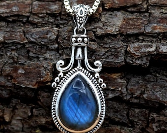 Teardrop Labradorite Pendant, 925 Sterling Silver, Blue Fire Labradorite, Handmade Design