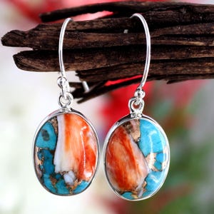 Spiny Oyster Earring, Oyster Copper Turquoise Earring, Oval Earring, Handmade Sterling Silver Stone Earring, Women Statement Jewelry Earring