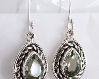 Teardrop Prasiolite Earrings, Green Amethyst Earrings, Sterling Silver Rope Detail, Handmade, Green Gemstone