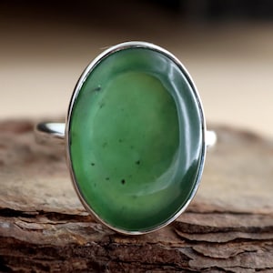 Nephrite Jade Ring, Oval Gemstone Ring, Green Jade Ring, Luck Ring, 925 Sterling Silver, Christmas Gift, Handmade Ring, Jadeite Ring Size #6