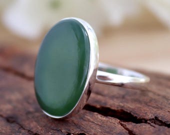 Nefritjade-ring, oval ädelstensring, grön jade-ring, lyckoring, 925 sterlingsilver, handgjord ring, jadeit-ring, silvergåvor för kvinnor