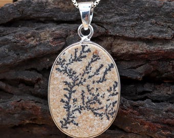 Natural Psilomelane Dendrite Pendant, Sterling Silver Oval Pendant, Nature Inspired Jewelry, Gift for Her, Dendretic Psilomelane