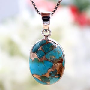 Copper Turquoise Pendant, 925 Sterling Silver, Oval Blue Copper Turquoise Pendant, Unisex Turquoise Pendant, Women Silver Gifts Jewelry