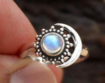 Sun & Moon Moonstone Ring | Sterling Silver Celestial Jewelry | 5 mm Multi Fire Dainty Ring