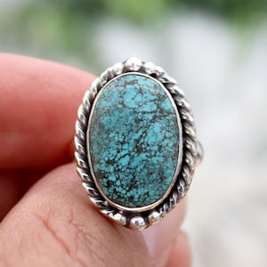 Tibetan Turquoise Ring, 925 Sterling Silver, Oval Turquoise Ring, Tibetan Turquoise Jewelry, Christmas Gifts, Handmade Turquoise Ring Size 7