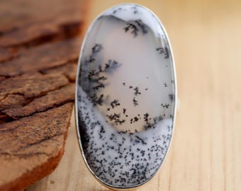 Dendritic Opal Ring, Oval Dendritic Opal, Natural Dendritic Ring, 925 Sterling Silver Dendrite Agate Gemstone Gift Jewelry