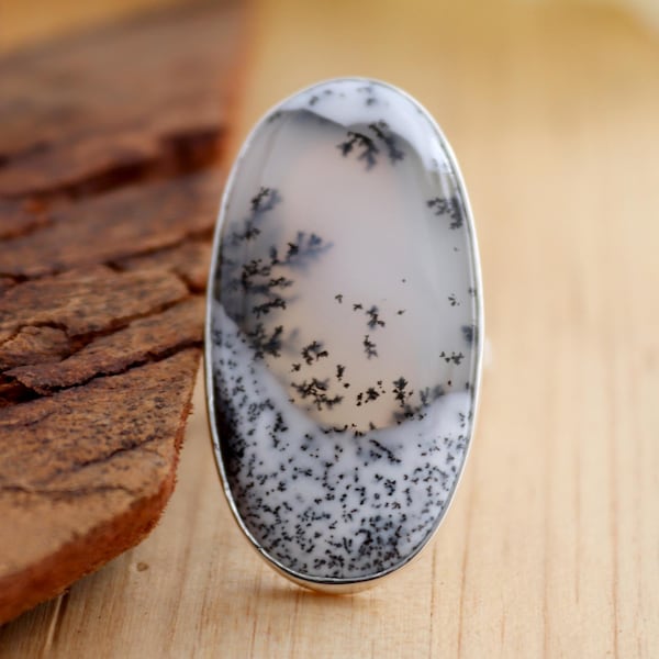 Dendritische opaalring, ovale dendritische opaalring, natuurlijke getextureerde dendritische ring, 925 sterlingzilveren dendrietagaat edelsteen cadeau-sieraden