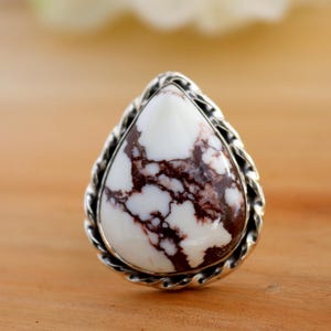 Wild Horse Jasper Ring, Teardrop Wild Horse Ring, Pear Magnesite Jasper Ring, Handmade Sterling Silver Ring, Women Silver Gifts Ring Size 10