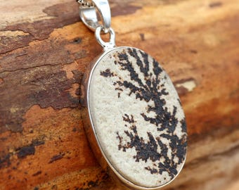 Natural Dendritic Pendant, Psilomelane Dendrite Necklace, Sterling Silver Oval Pendant, Nature Inspired Jewelry, Gift for Her