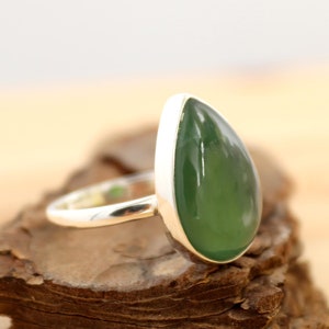 Teardrop Nephrite Jade Ring, 925 Sterling Silver, Pear Nephrite Jade Ring, Green Jade Ring, Luck Ring, Handmade Ring, Jadeite, Women Silver