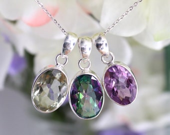 Oval Green Amethyst Pendant, Sterling Silver Purple Amethyst Pendant, Handmade Mystic Topaz Pendant Necklace, Cut Gemstone Silver Jewelry