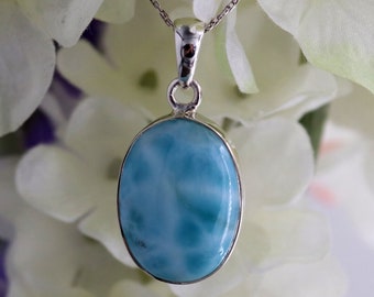 Colgante de larimar, colgante de plata de ley, colgante de piedra preciosa de larimar ovalada auténtica, collar de larimar hecho a mano, joyería de larimar