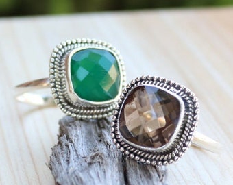 Anello in argento sterling a forma di cuscino con onice, quarzo fumé, ametista verde, citrino, taglio a scacchiera bifacciale fatto a mano