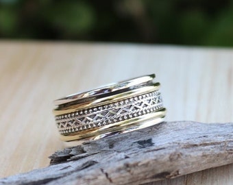 Celtic Design Ring, Spinner Band, Two Tone Ring, Mixed Metal Ring, Solid Sterling Silver Band, Fidget Ring