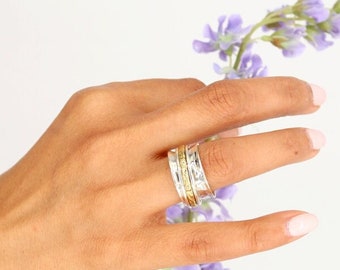 925 Sterling Silver Cigar Band, Hammered Band Ring Jewelry, Celtic Design Ring, Spinner Band Ring, Two Tone Ring, Mix Metal Silver Band Ring