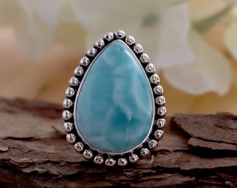 Anillo de larimar genuino, anillo llamativo de plata de ley, anillo de larimar de República Dominicana, anillo de diseño rawa oxidado hecho a mano, anillo de larimar oceánico