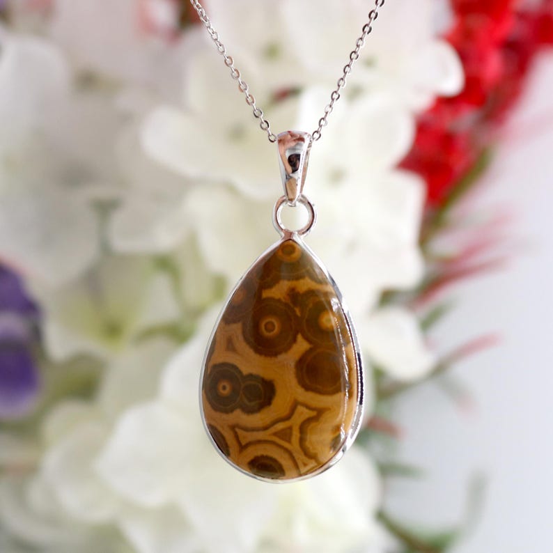 May include: A silver chain necklace with a teardrop-shaped pendant featuring a brown and black agate stone with a swirling pattern.