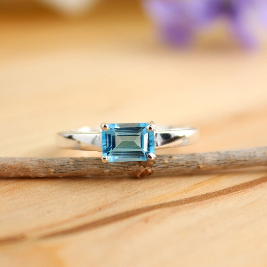 Sky Blue Topaz Ring, Topaz Tiny Ring, Rectangle Blue Topaz Prong Ring ...
