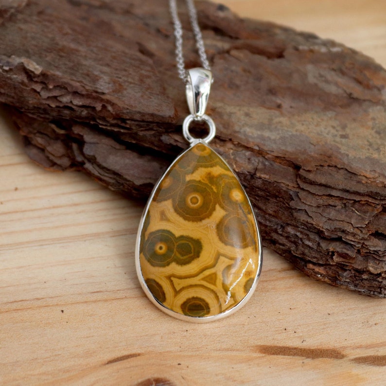 May include: A teardrop-shaped pendant with a silver chain. The pendant features a brown and yellow stone with a swirling pattern.