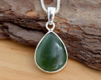 Nephrite Jade Pendant, 925 Sterling Silver, Teardrop Green Jade Pendant, Jadeite Pendant, Pear Nephrite Pendant, Women Silver Gifts Jewelry