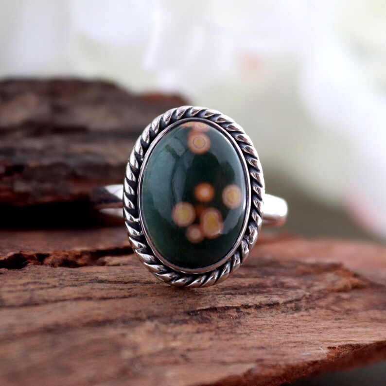 Ocean Jasper Ring, 925 Sterling Silver Rings, Green Ocean Jasper Ring, Oval Handmade Cabochon Rings, Women Silver Gifts Jewelry Ring Size #8 image 4