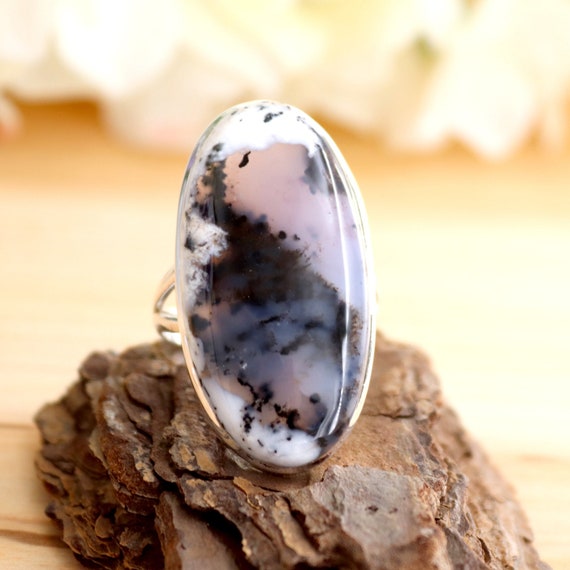 Dendritic Opal Ring, Oval Dendritic Opal Ring, Natural Textured Dendritic Ring, 925 Sterling Silver Dendrite Agate Gemstone Ring Size #10