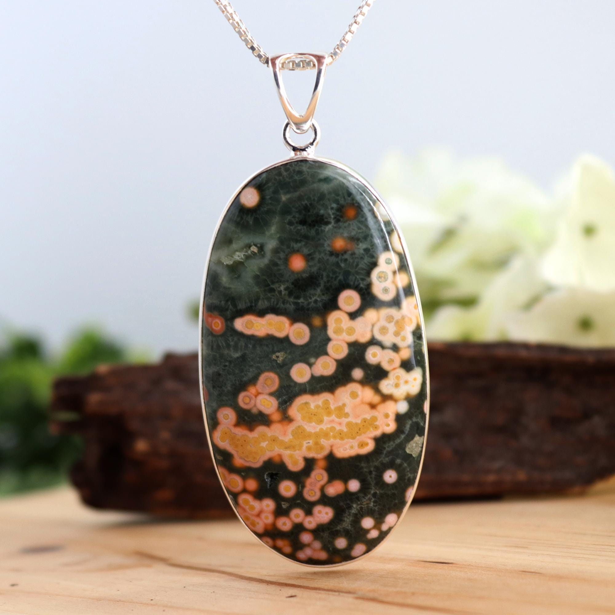 Large Size Ocean Jasper Pendant Necklace, Big Yellow Orbicular Jasper Pendant, Oval Vein Ocean Jasper, Sterling Silver Pendant, Gift For MOM