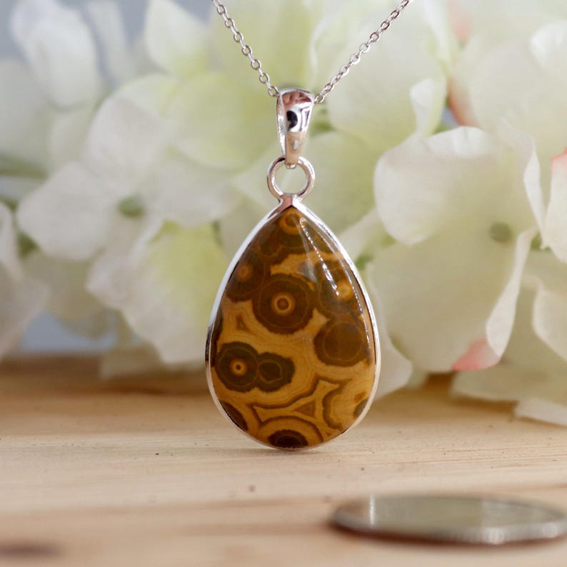 May include: A silver pendant necklace featuring a teardrop-shaped brown and green agate stone with a swirling pattern. The stone is set in a silver bezel.
