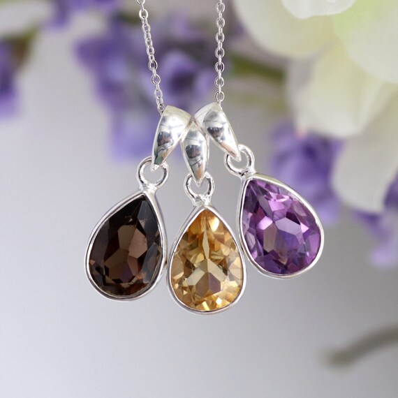 Amethyst, Citrine or Smoky Quartz Pendant, Sterling Silver Teardrop Gemstone Necklace, Crystal Jewelry, Gift for Her