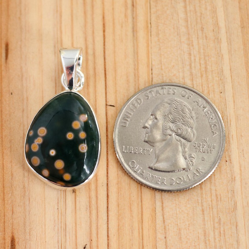 May include: A silver pendant featuring a green and brown stone with a speckled pattern. The stone is about the size of a US quarter.