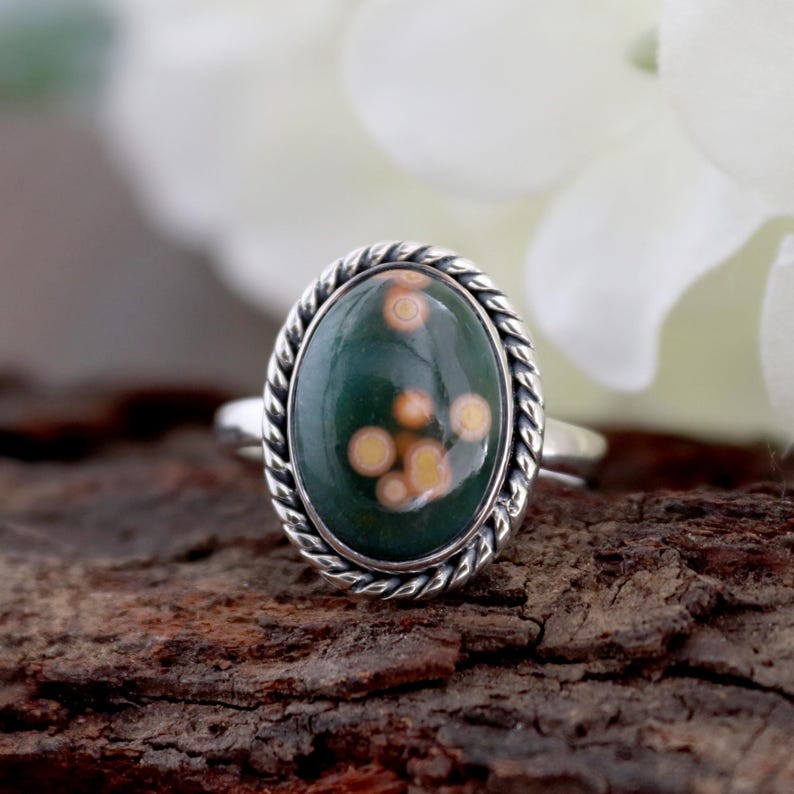 Ocean Jasper Ring, 925 Sterling Silver Rings, Green Ocean Jasper Ring, Oval Handmade Cabochon Rings, Women Silver Gifts Jewelry Ring Size #8 Ocean Jasper