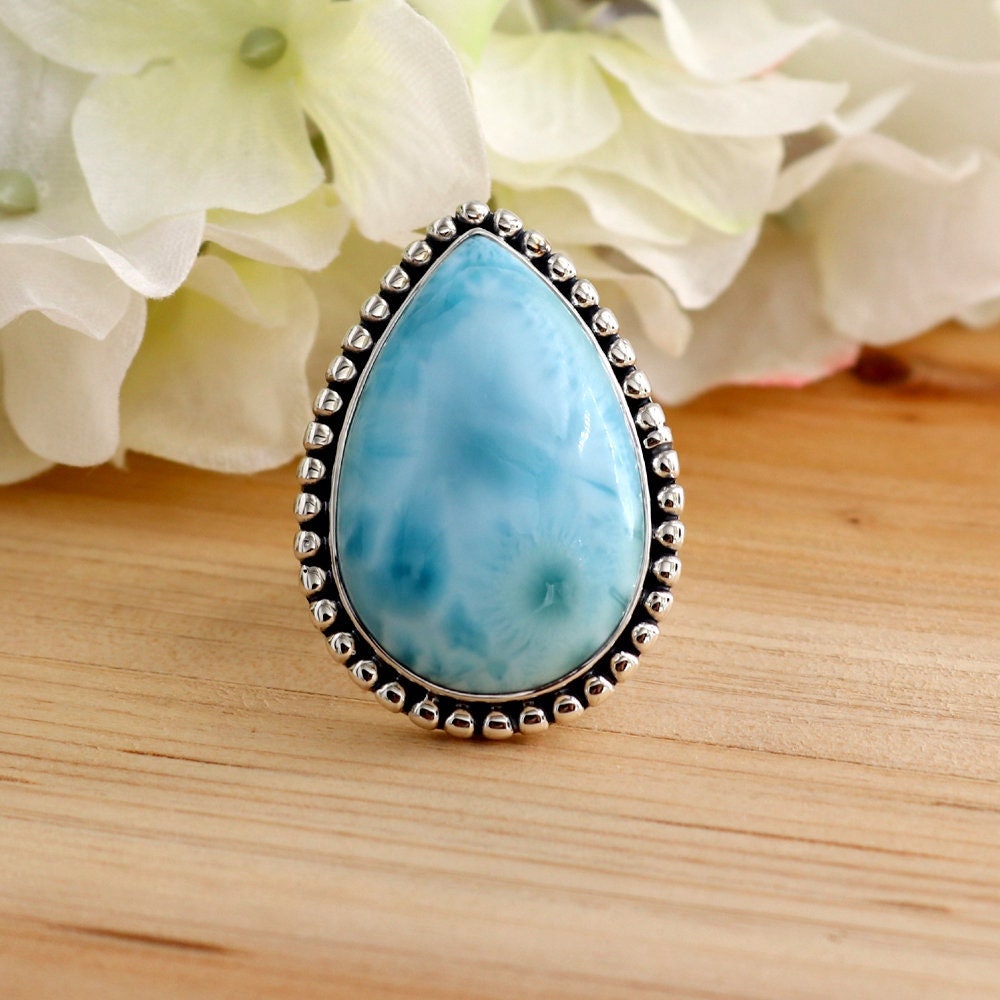 Anillo de larimar, anillo de plata de ley 925, anillo de larimar auténtico del océano, anillo de larimar de República Dominicana, diseño rawa hecho a mano, anillo de caña dividida