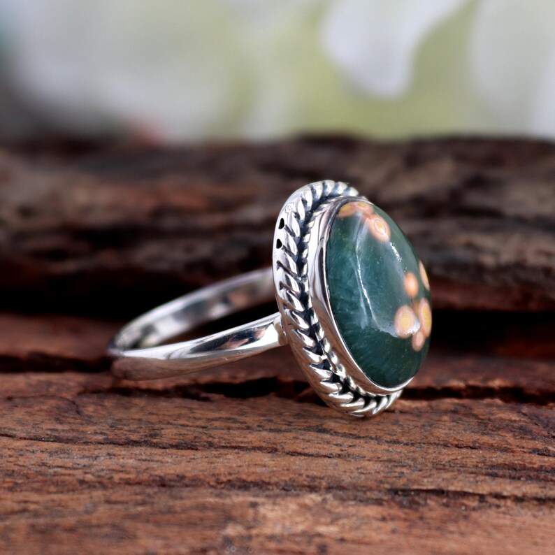 Ocean Jasper Ring, 925 Sterling Silver Rings, Green Ocean Jasper Ring, Oval Handmade Cabochon Rings, Women Silver Gifts Jewelry Ring Size #8 image 3