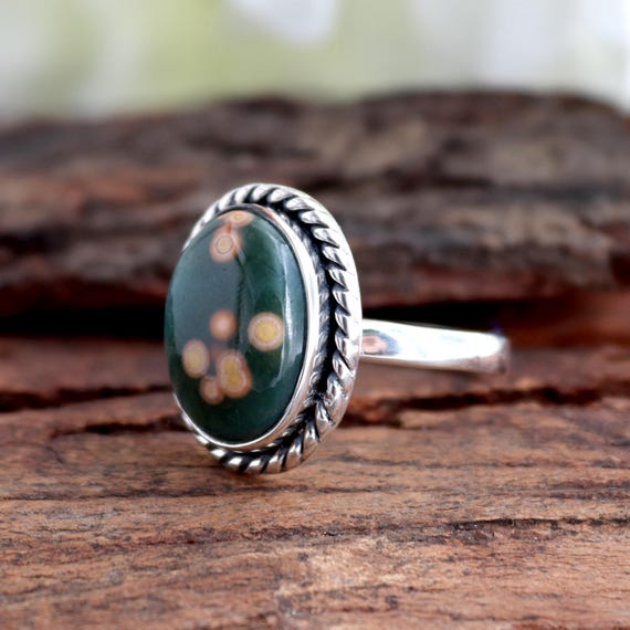 Ocean Jasper Ring, 925 Sterling Silver Rings, Green Ocean Jasper Ring, Oval Handmade Cabochon Rings, Women Silver Gifts Jewelry Ring Size #8