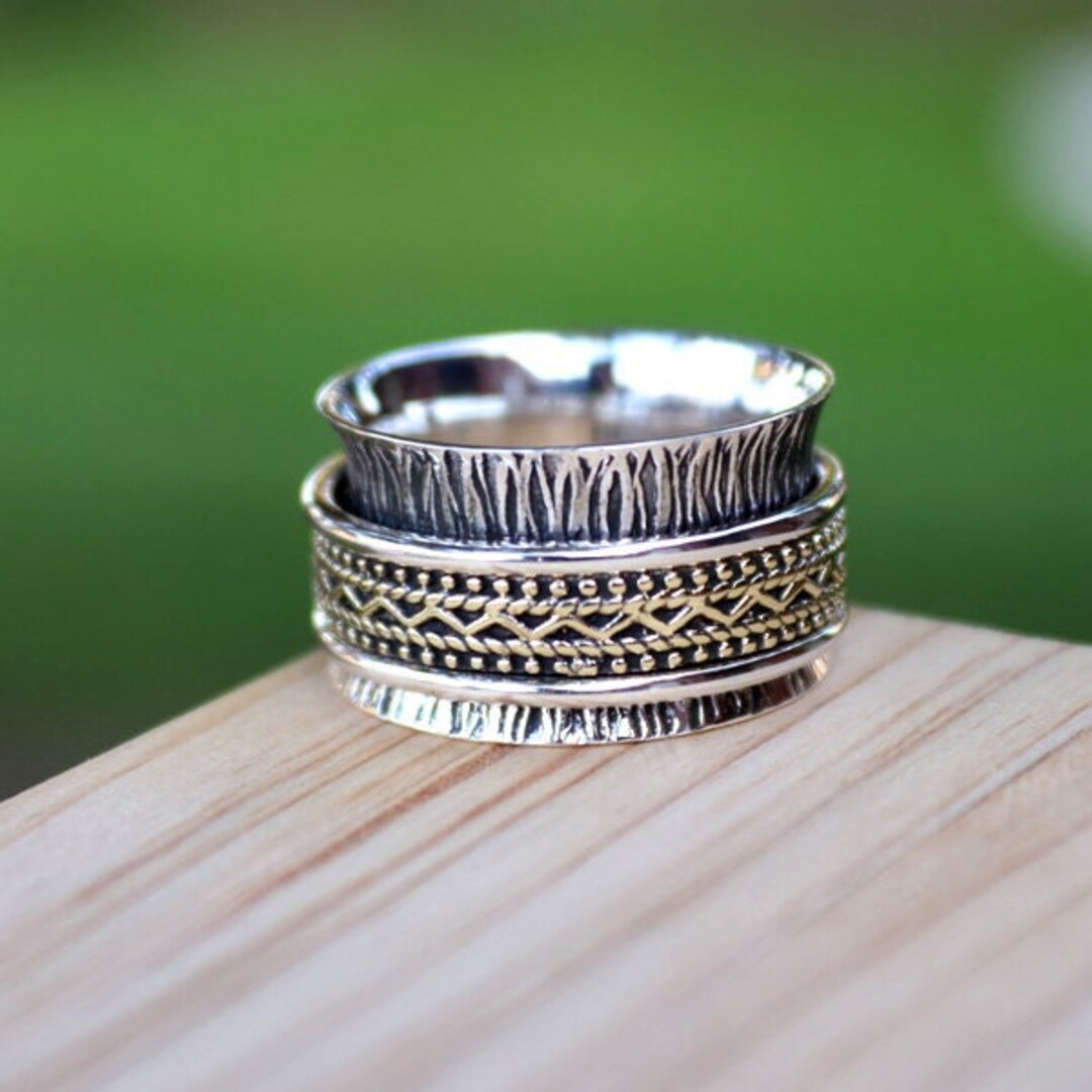 Oxidized Sterling Silver Fidget Ring, Hammered Brass Spinner Band - Etsy