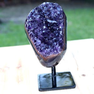 Amethyst Crystal Cluster, Amethyst Geode with Metal Stand, Purple Uruguayan Amethyst Quartz Crystal, Home Decor Gift, Christmas Gift Present