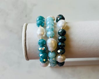 Freshwater Pearl Stretch Bracelet – Blue Glass Beads, Silver Accents