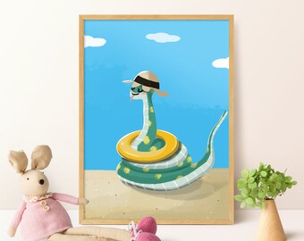 A Snake On The Beach Print, Snake Wall Art, Printable Wall Art, Kids Room Decor ,Kids Wall Art, Nursery Wall Art, Snake Poster, Green Snake